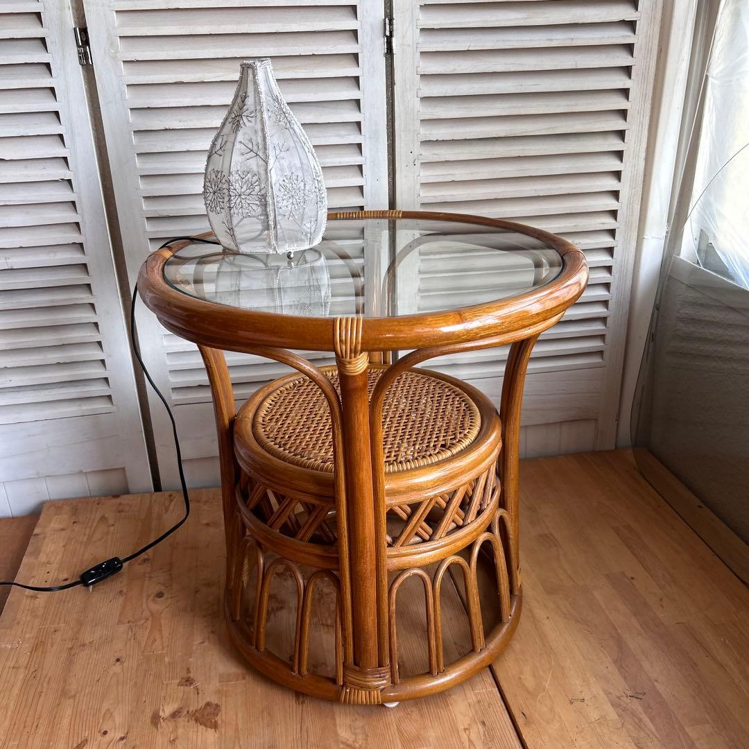 ラタン　ガラス　テーブル　サイドテーブル　コーヒーテーブル　籐　アジア