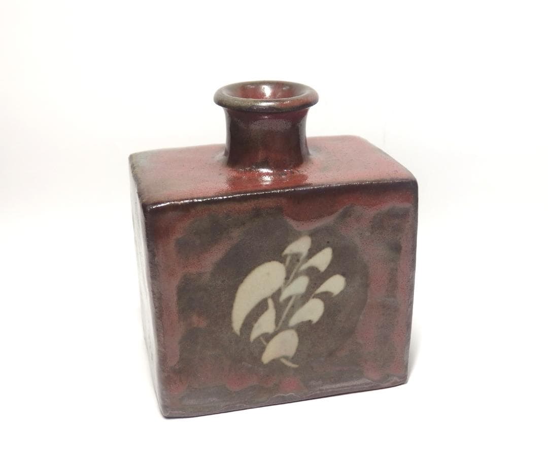 人間国宝島岡達三作/辰砂釉象嵌草花文扁壷/共箱/益子焼