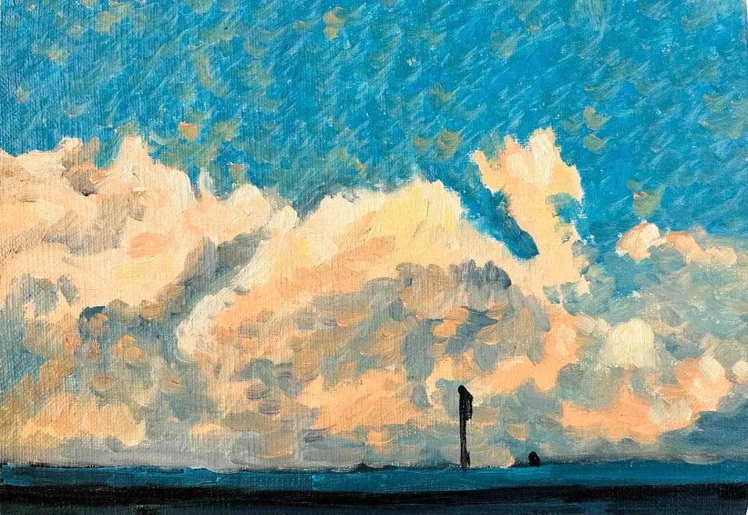 原画　油彩画「近所の風景　高速と空」絵画・サムホールサイズ（16×23㎝）