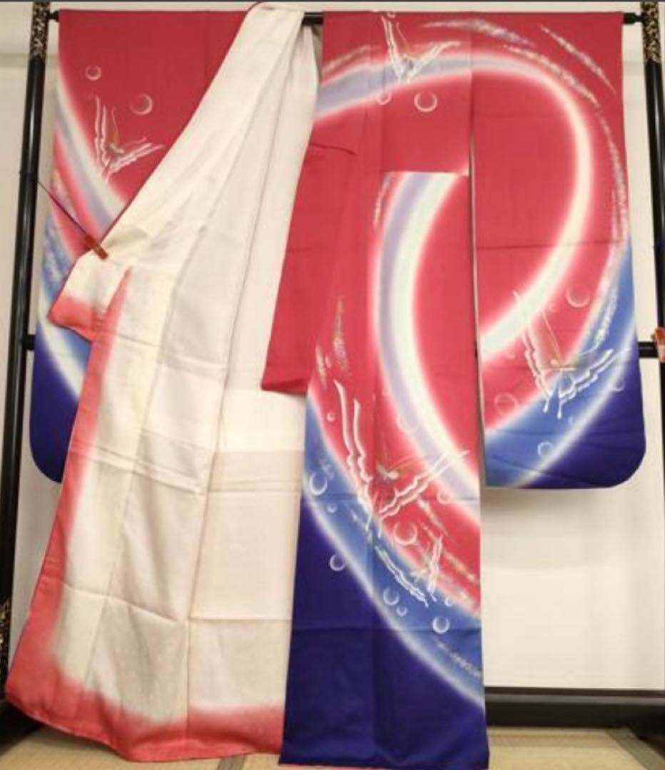 振袖フルセット6点サイズM〜Ｌ舞蝶文　暈し染め　金銀彩　正絹