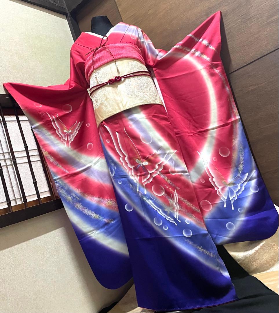 振袖フルセット6点サイズM〜Ｌ舞蝶文　暈し染め　金銀彩　正絹