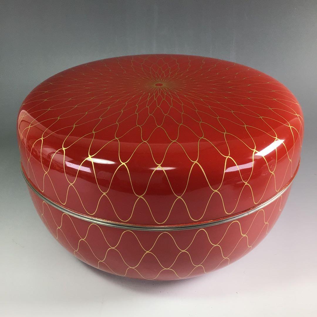 Ｒ１７７　食篭　『岡本陽斎作』『朱塗内黒』『金網目蒔絵』『喰籠』　共箱　菓子器