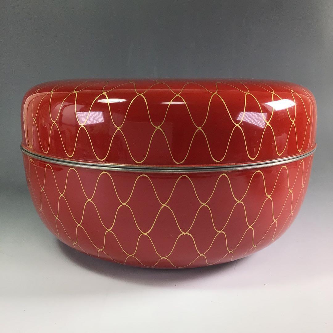 Ｒ１７７　食篭　『岡本陽斎作』『朱塗内黒』『金網目蒔絵』『喰籠』　共箱　菓子器