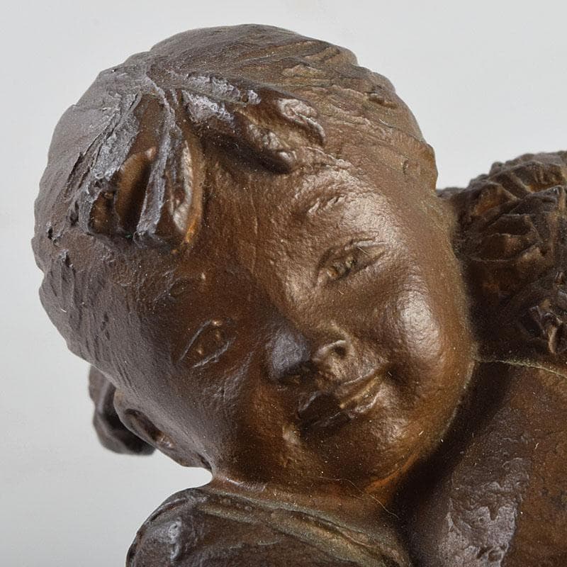 加藤豊作　ブロンズ　少女像　「花束」　台付　共箱　M　R9183