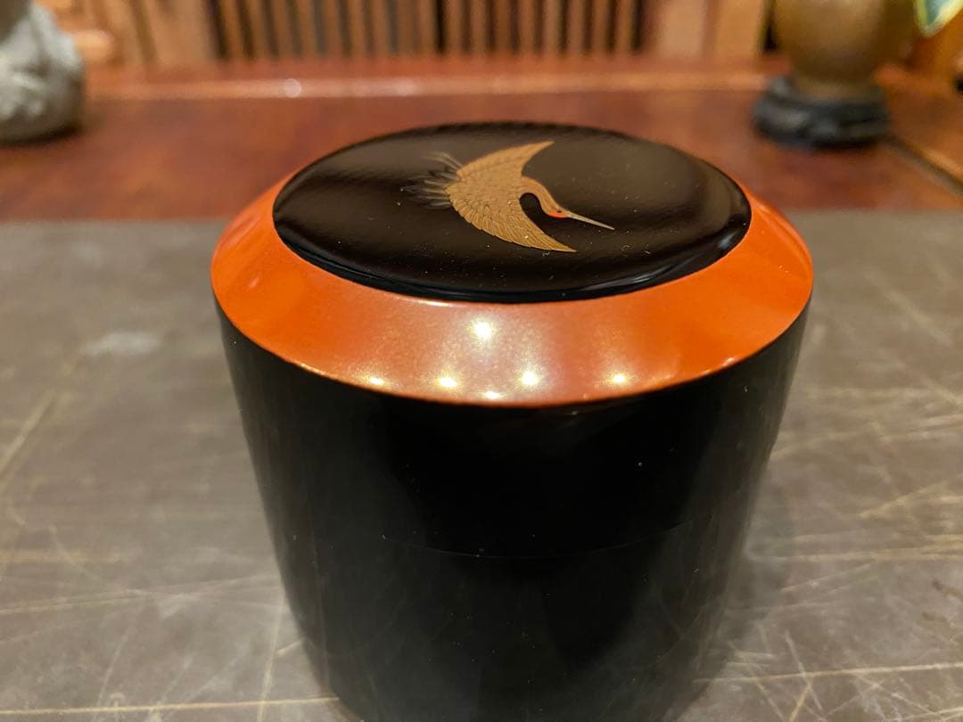 輪島塗　棗　蒔絵・鶴紋　鈴谷鐵五郎作 茶道具・ヴィンテージ　レア