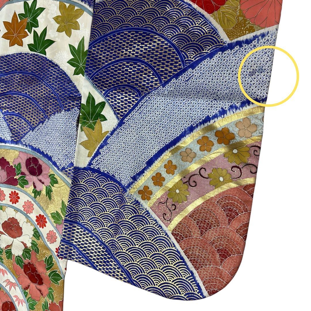 (う12)青紫の祝い青海波模様に本絞りや手描き✨アンティーク振袖⑤点セット㊗️