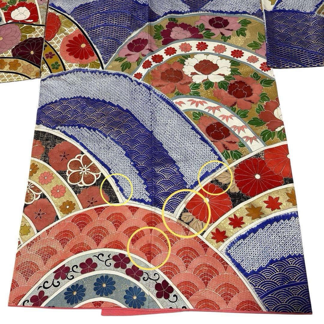 (う12)青紫の祝い青海波模様に本絞りや手描き✨アンティーク振袖⑤点セット㊗️