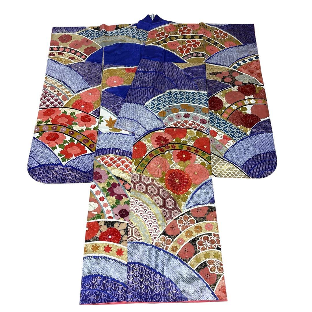 (う12)青紫の祝い青海波模様に本絞りや手描き✨アンティーク振袖⑤点セット㊗️