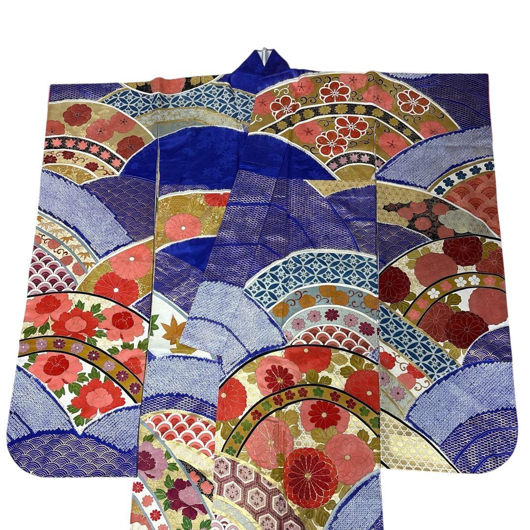(う12)青紫の祝い青海波模様に本絞りや手描き✨アンティーク振袖⑤点セット㊗️