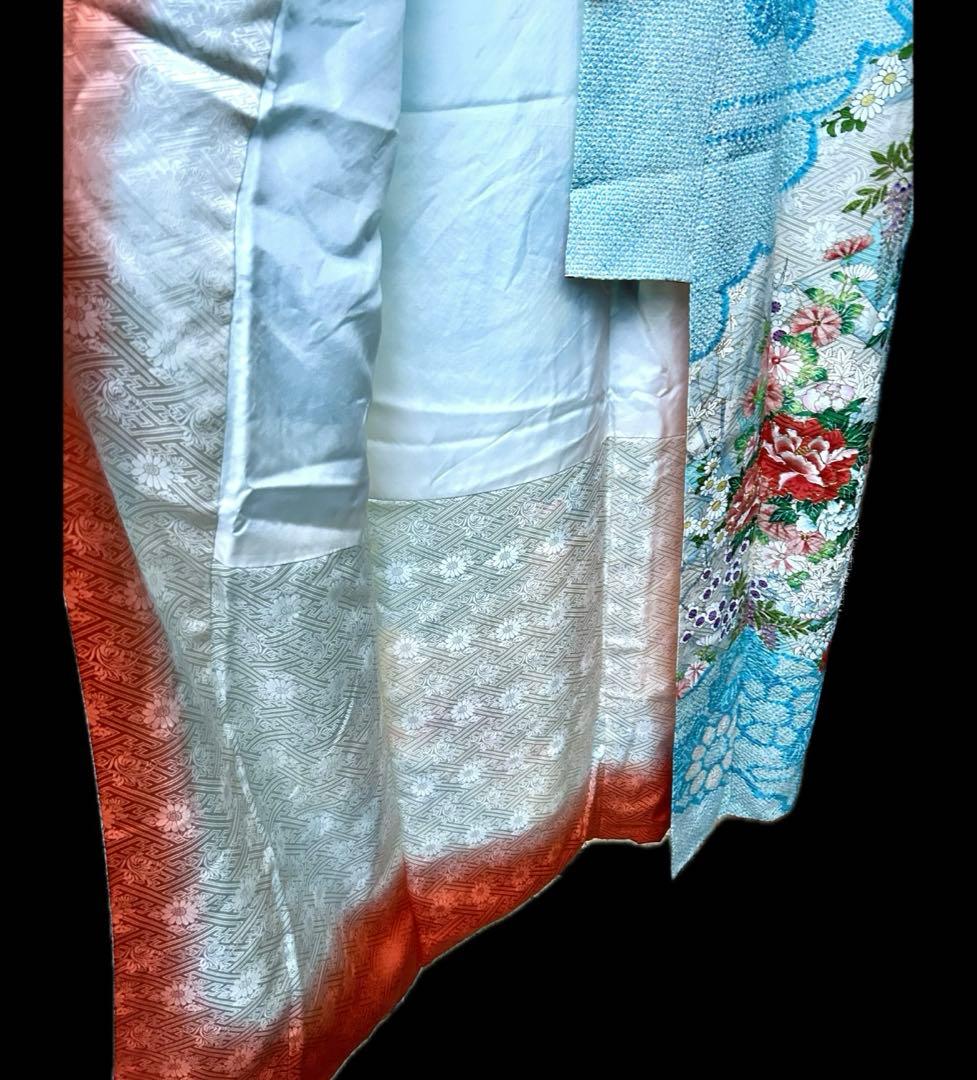 最高級　絞りと刺繍　水色 　オレンジ系花柄 　金駒刺繡　金糸　振袖 着物
