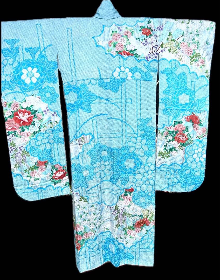 最高級　絞りと刺繍　水色 　オレンジ系花柄 　金駒刺繡　金糸　振袖 着物