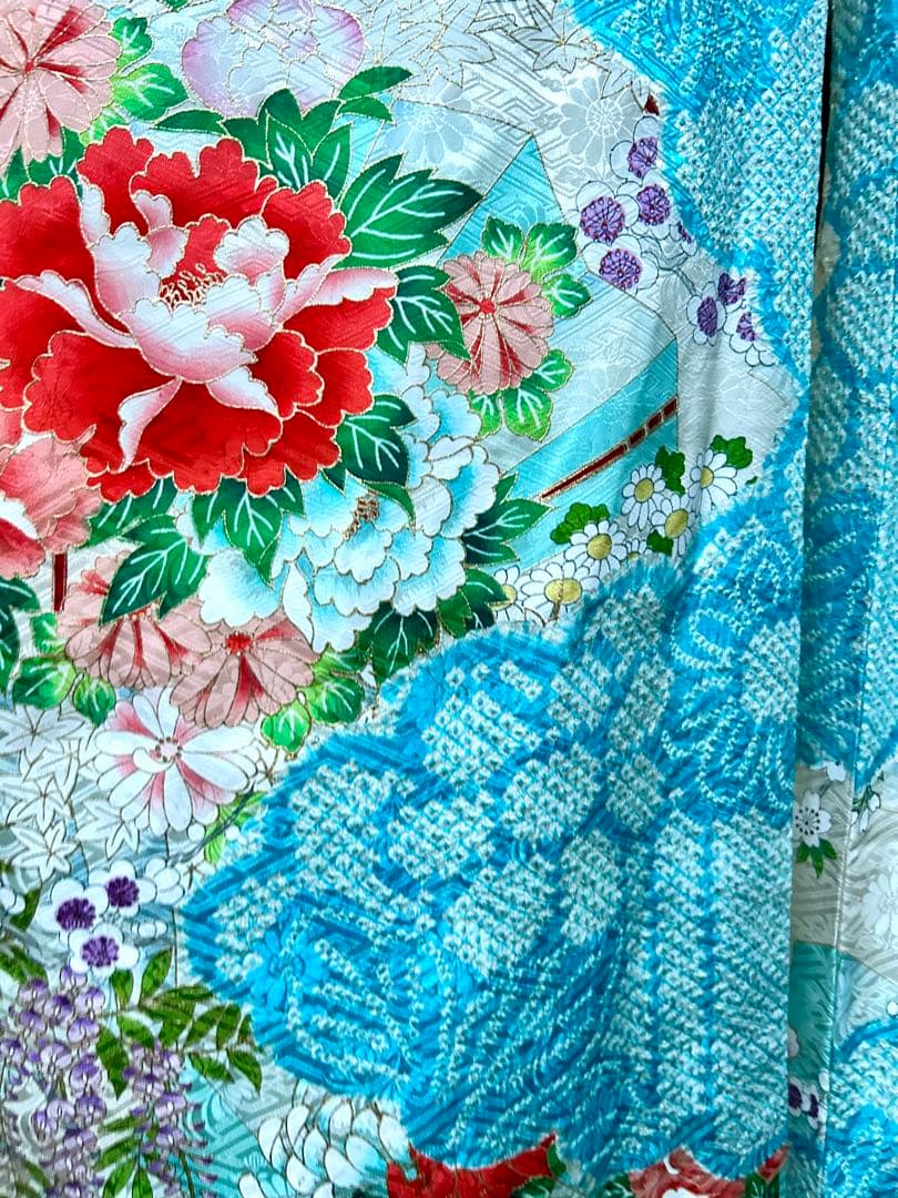 最高級　絞りと刺繍　水色 　オレンジ系花柄 　金駒刺繡　金糸　振袖 着物