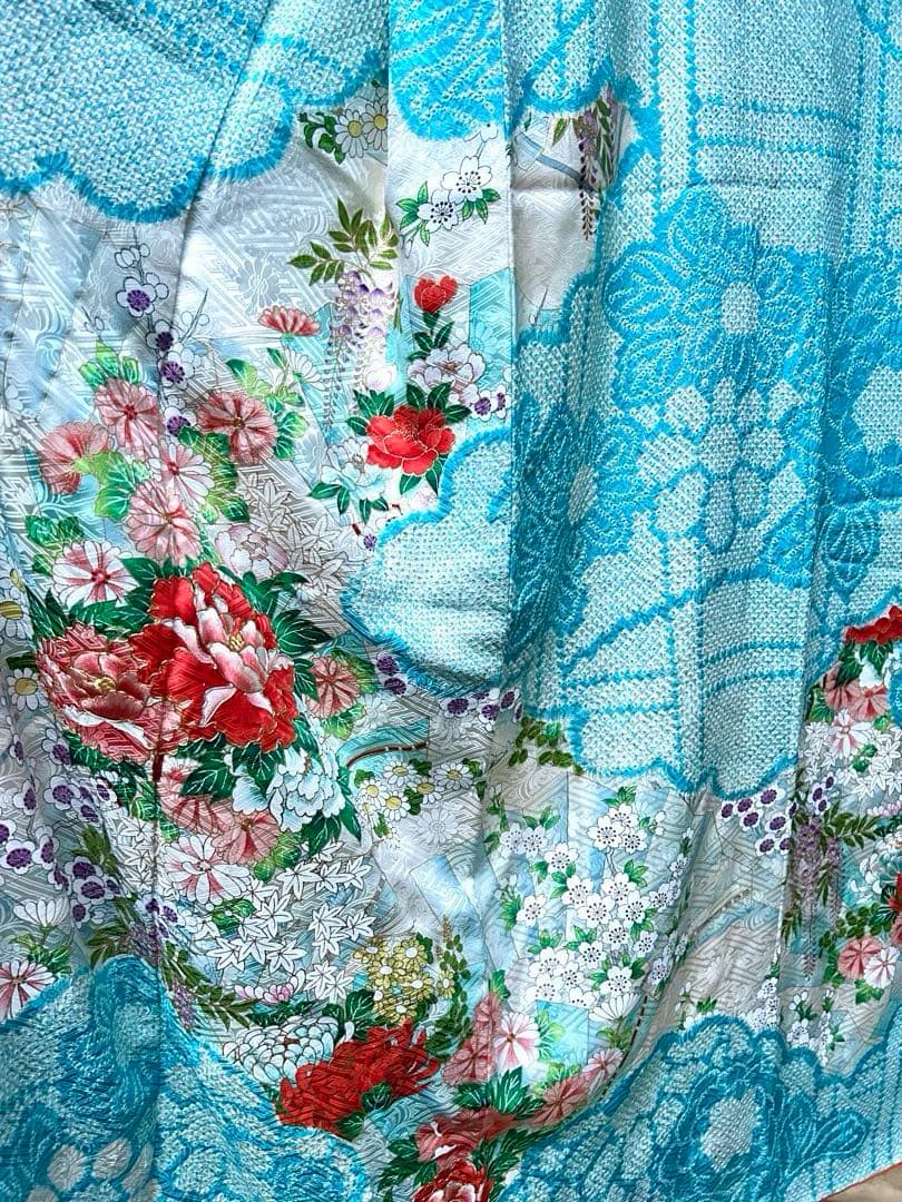 最高級　絞りと刺繍　水色 　オレンジ系花柄 　金駒刺繡　金糸　振袖 着物