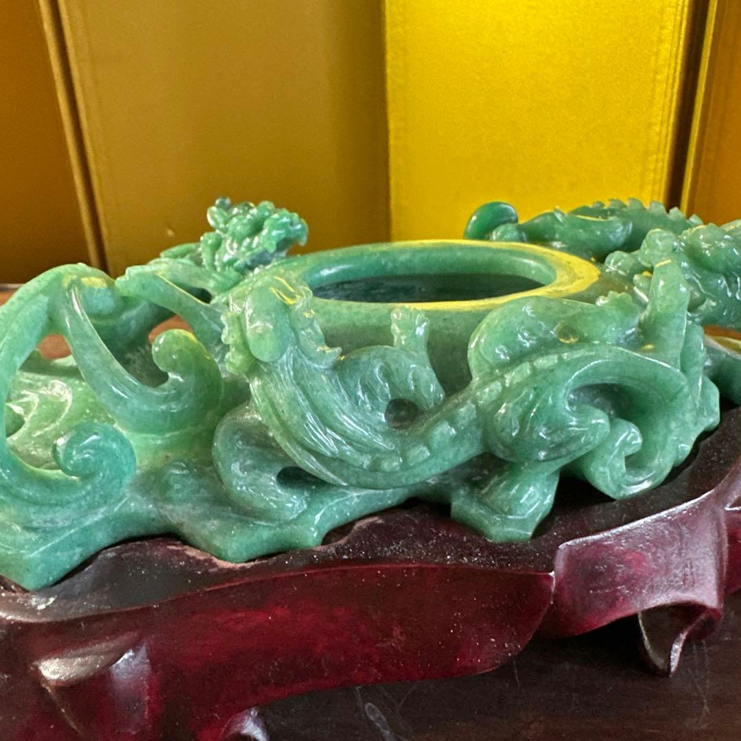 翡翠，置物，文房具，彫刻 ，木製台座付き