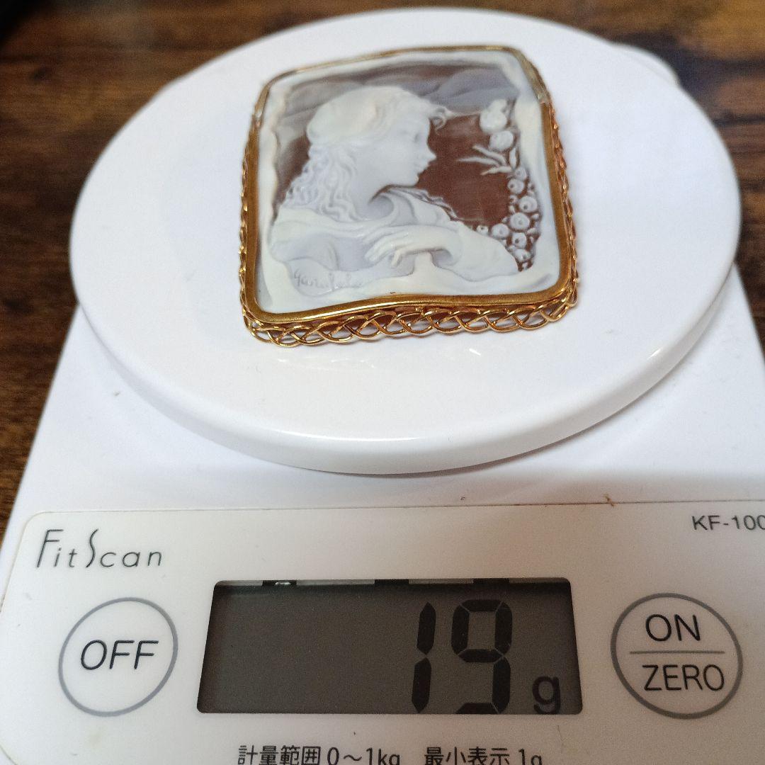 K18 カメオ ブローチ 作家ガロファロ　女性の横顔と花