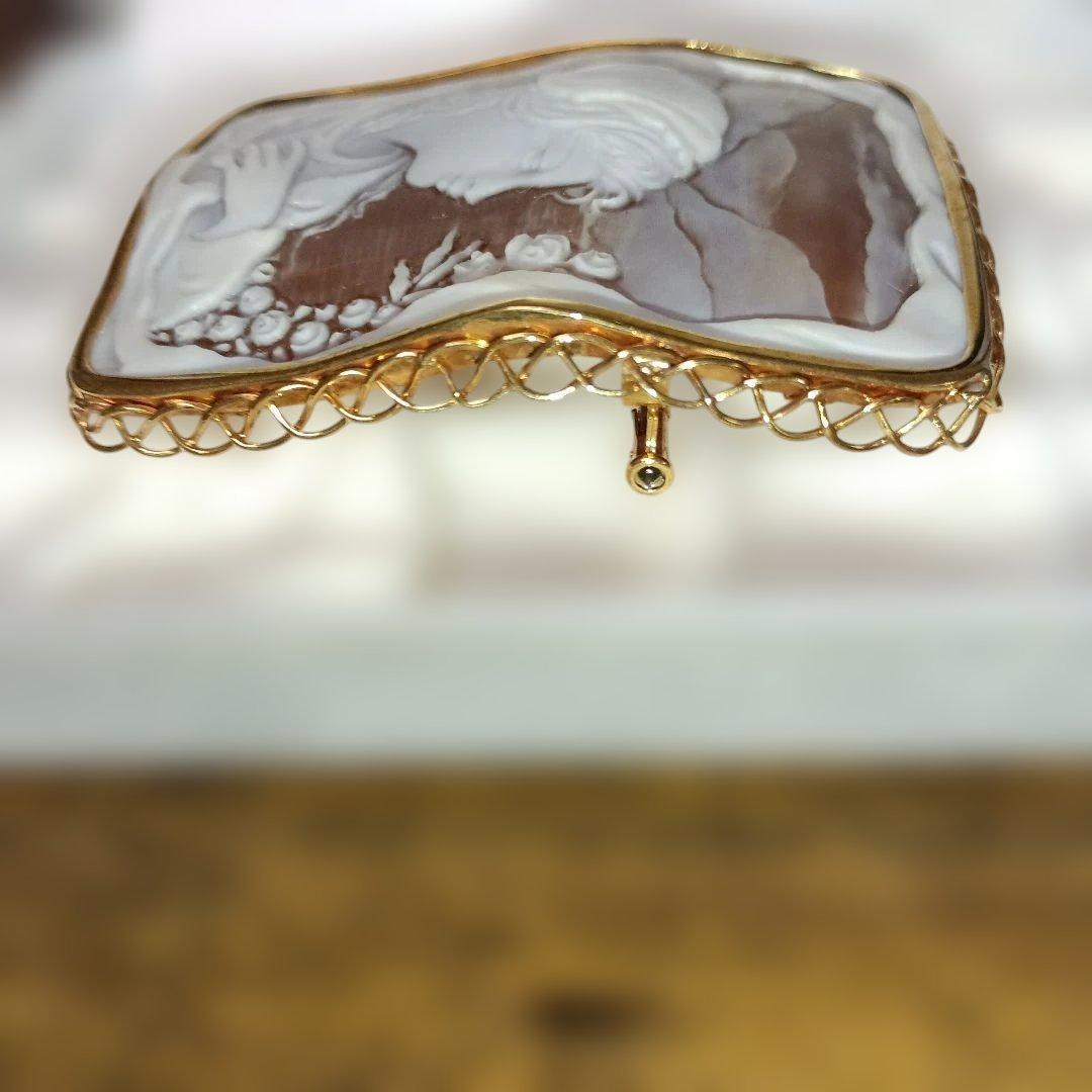 K18 カメオ ブローチ 作家ガロファロ　女性の横顔と花