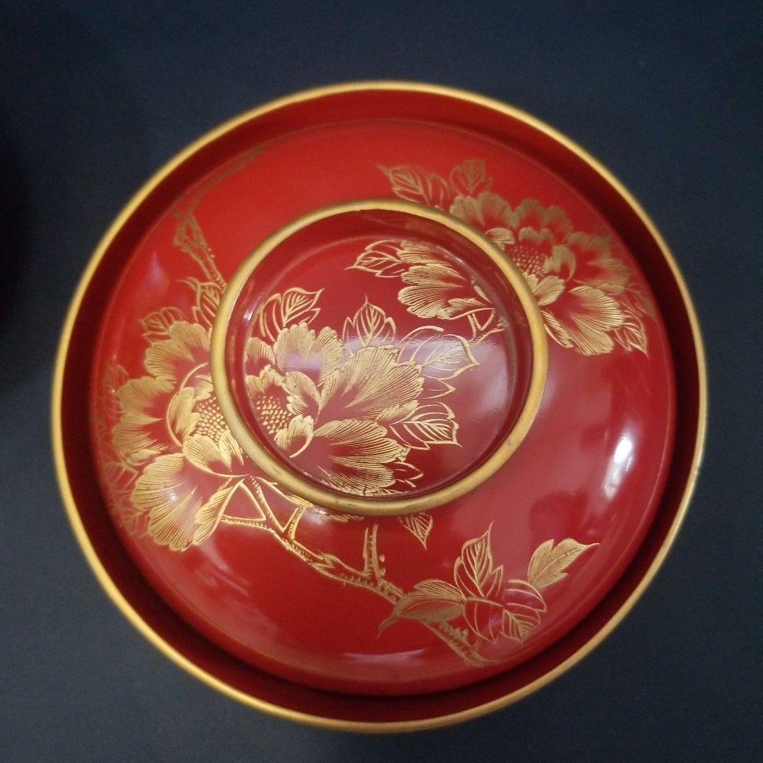 yuki 木製 吸物椀 朱塗 沈金牡丹花文 吸物椀 煮物椀 懐石椀 4客