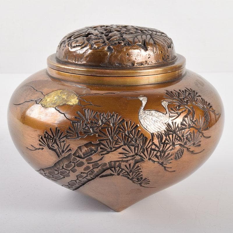 高岡銅器　旭峰造　鋳銅象嵌　松鳥文　香炉　M　R4886