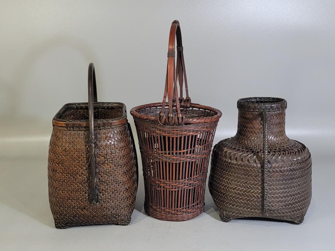 竹籠 在銘 花生 時代物 三点まとめて