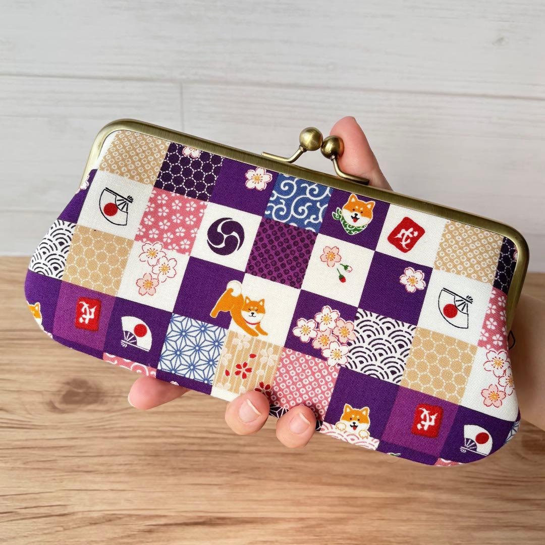 和風 柴犬柄 がま口長財布｜癒し系デザイン・カード収納たっぷり・ハンドメイド