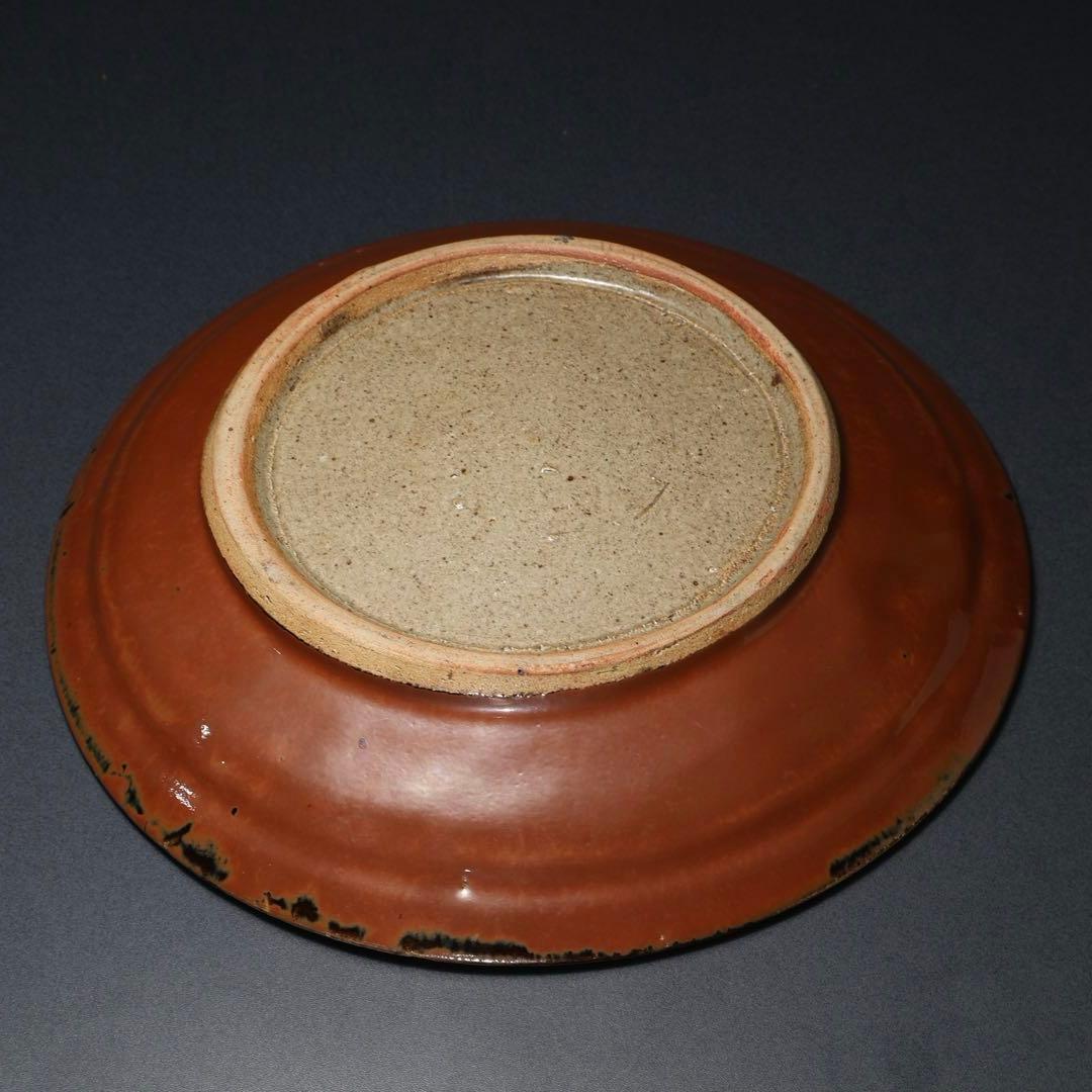 浜田庄司　柿釉縁丸皿直径∅27cm　人間国宝　民藝　R1489w2ラ