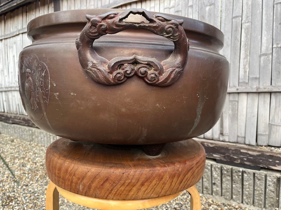 火鉢　アンティーク　骨董品　昭和レトロ　工芸品　銅製　台座付き　五徳付き