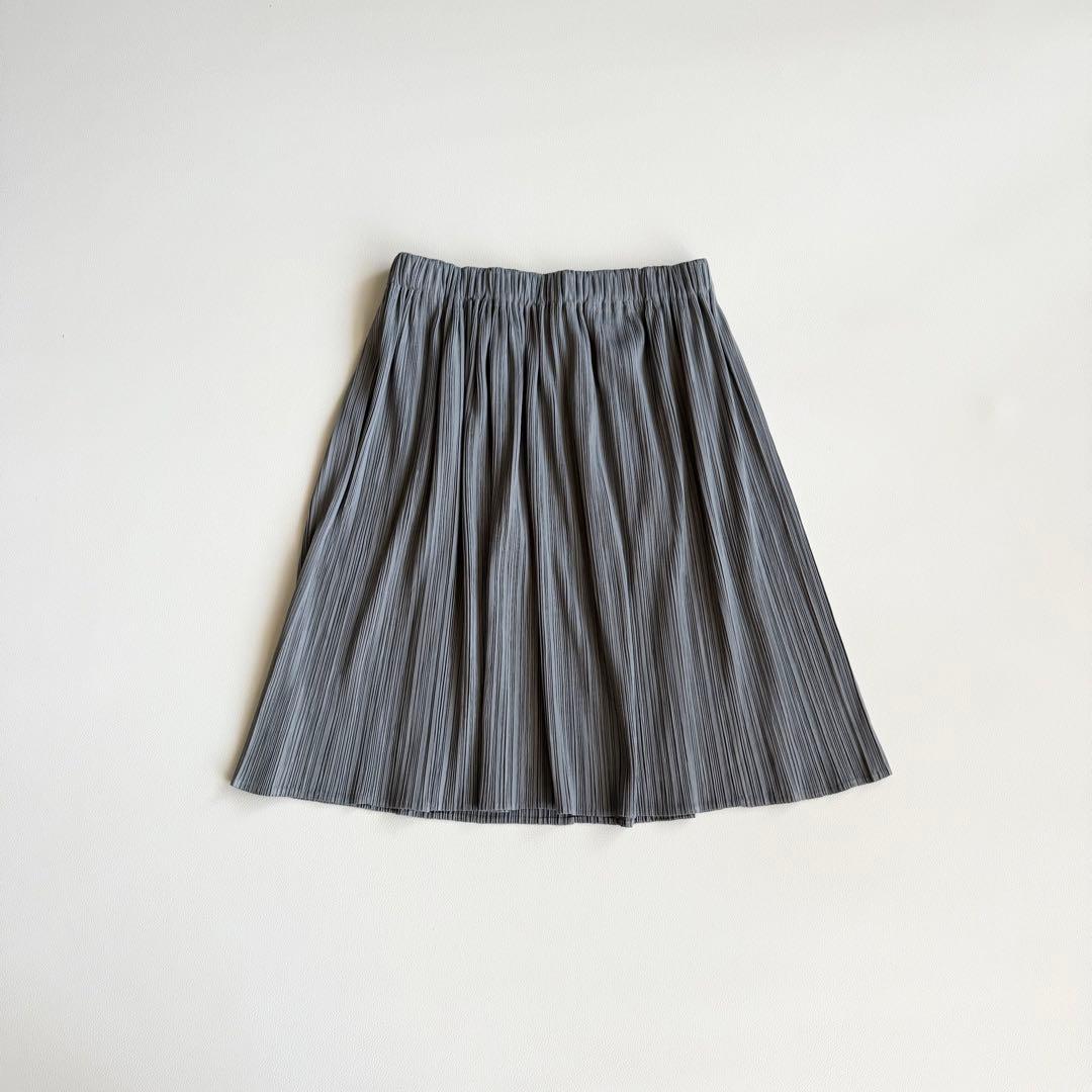 【イッセイミヤケ】プリーツスカート グレー ストライプ ひざ丈 M 日本製