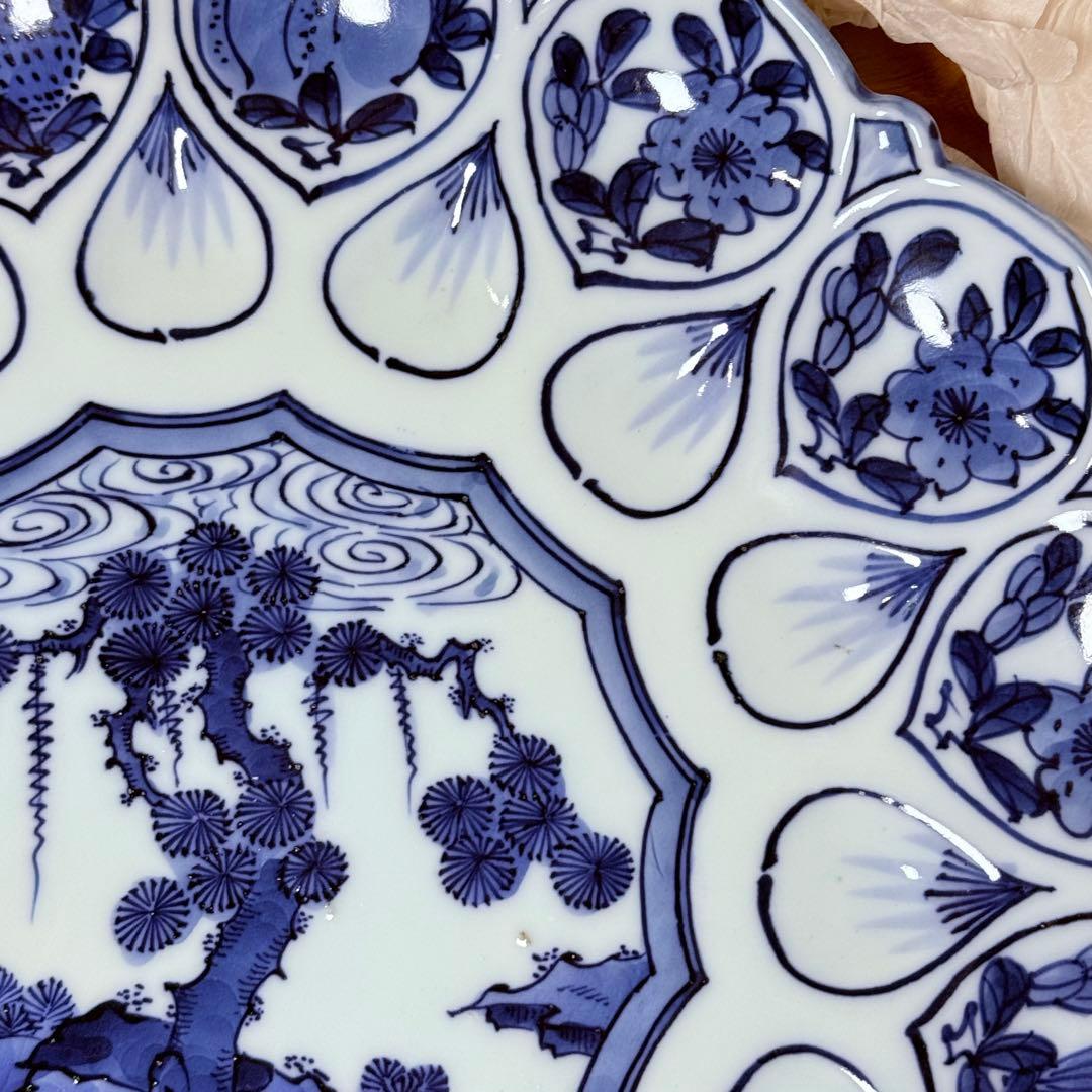 肥前南河原源右衛門　作　染付草花文　皿　源右衛門窯　直径30㎝　尺皿　本物