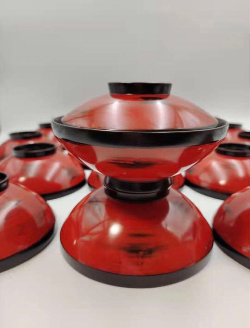 古い根来塗　蓋付汁椀　吸物椀　木製蒔絵椀20客　懐石料理　木箱付　漆芸　古美術