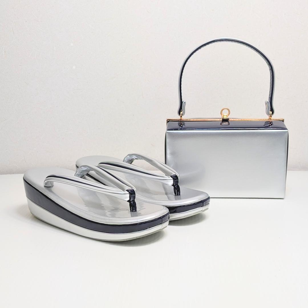 和装 草履 バッグ セット エナメル 幅広 スクエア シルバー×ネイビー k24