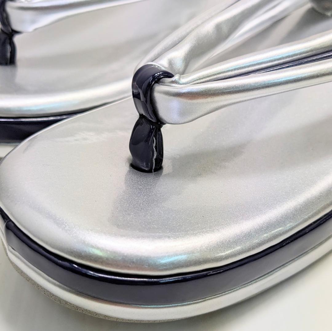 和装 草履 バッグ セット エナメル 幅広 スクエア シルバー×ネイビー k24