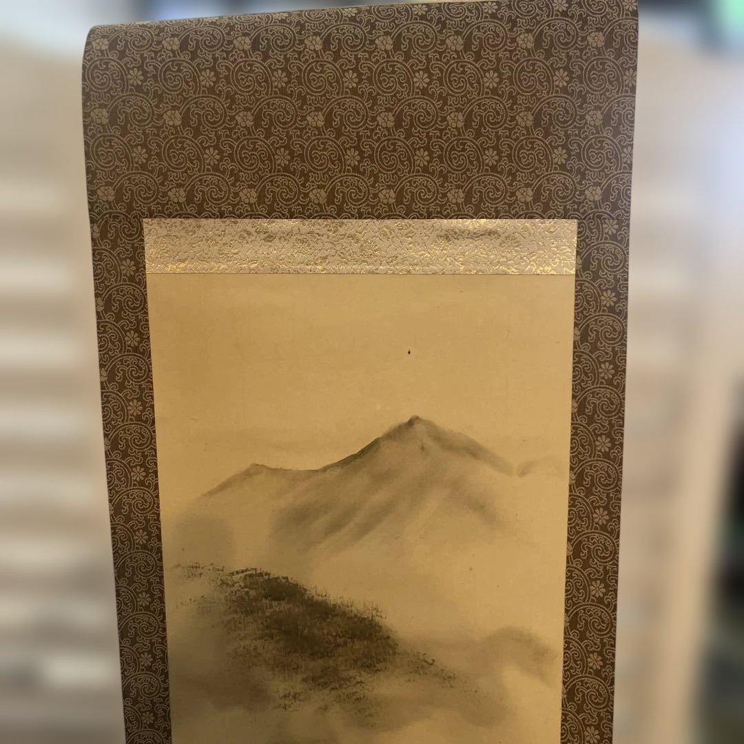 平野 翠雪 筆 彩色山水 掛け軸 掛軸 肉筆 共箱 水墨画