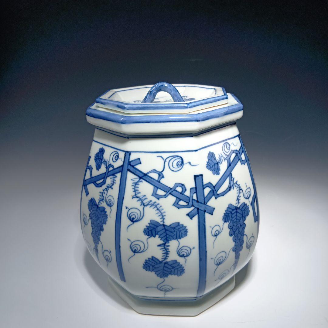 値下げ茶道具　(平安)冨田静山　染付葡萄文　 水指　共箱