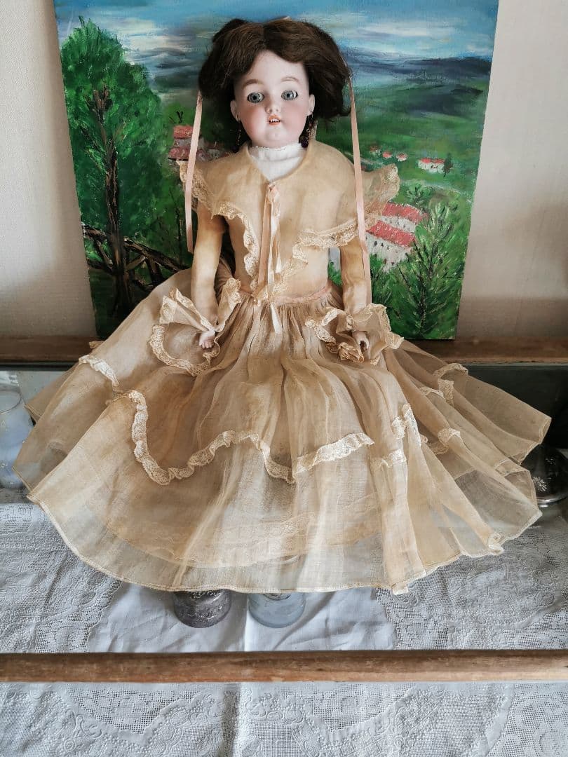 アンティーク ドイツ ビスクドール グレイッシュブルーアイ オーガンジードレス