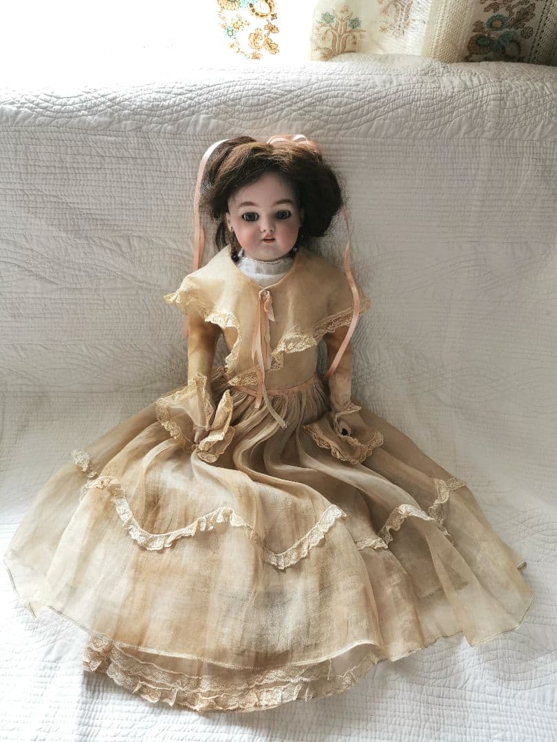 アンティーク ドイツ ビスクドール グレイッシュブルーアイ オーガンジードレス