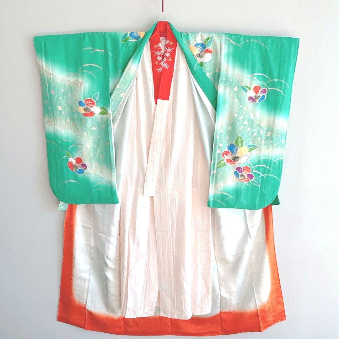 フルセット 七五三 7歳女の子 長着＆長襦袢＆帯＆小物　エメラルド　金銀プリント