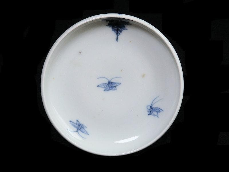 古伊万里　染付　人参に蝶の図　蓋茶碗 江戸期　C452AS-CAy