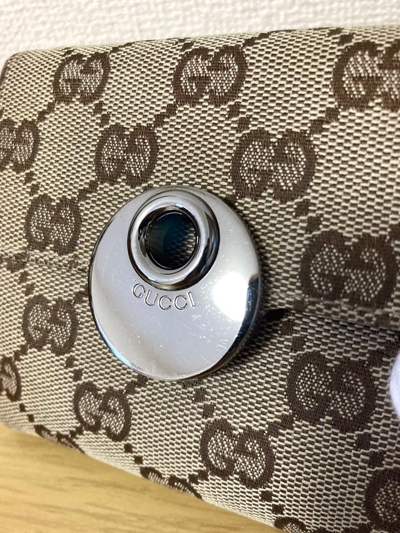 【良品】GUCCI 二つ折り財布 GGキャンパス×レザー　ベージュ/ブラウン