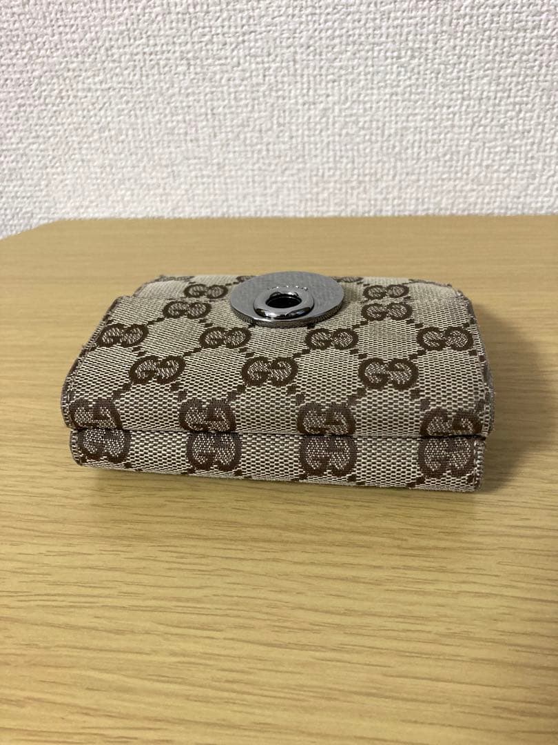 【良品】GUCCI 二つ折り財布 GGキャンパス×レザー　ベージュ/ブラウン