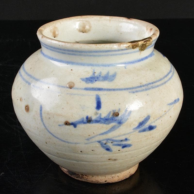 朝鮮美術　李朝　高麗白磁　染付　草文　小壷　M　R5738