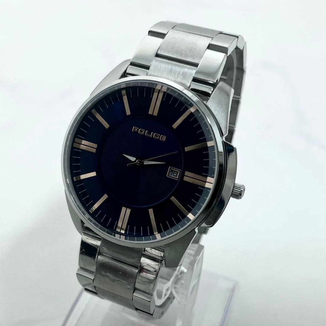 【美品】 稼働 POLICE 14384J ネイビー文字盤 デイト 腕時計