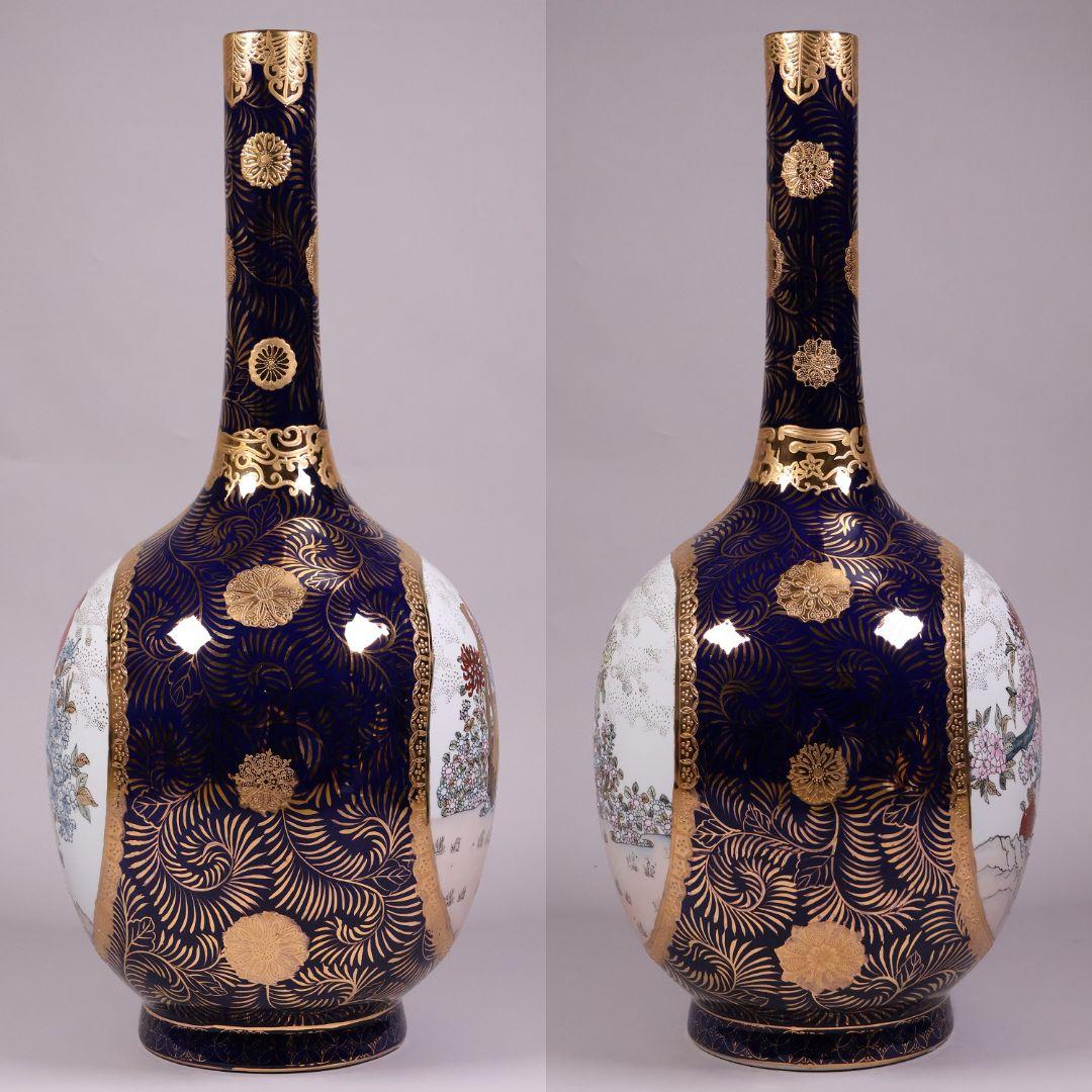 薩摩焼 栄盛窯 瀧山作 金襴手花鳥図鶴首大花瓶 65.7cm 飾瓶【CM208】