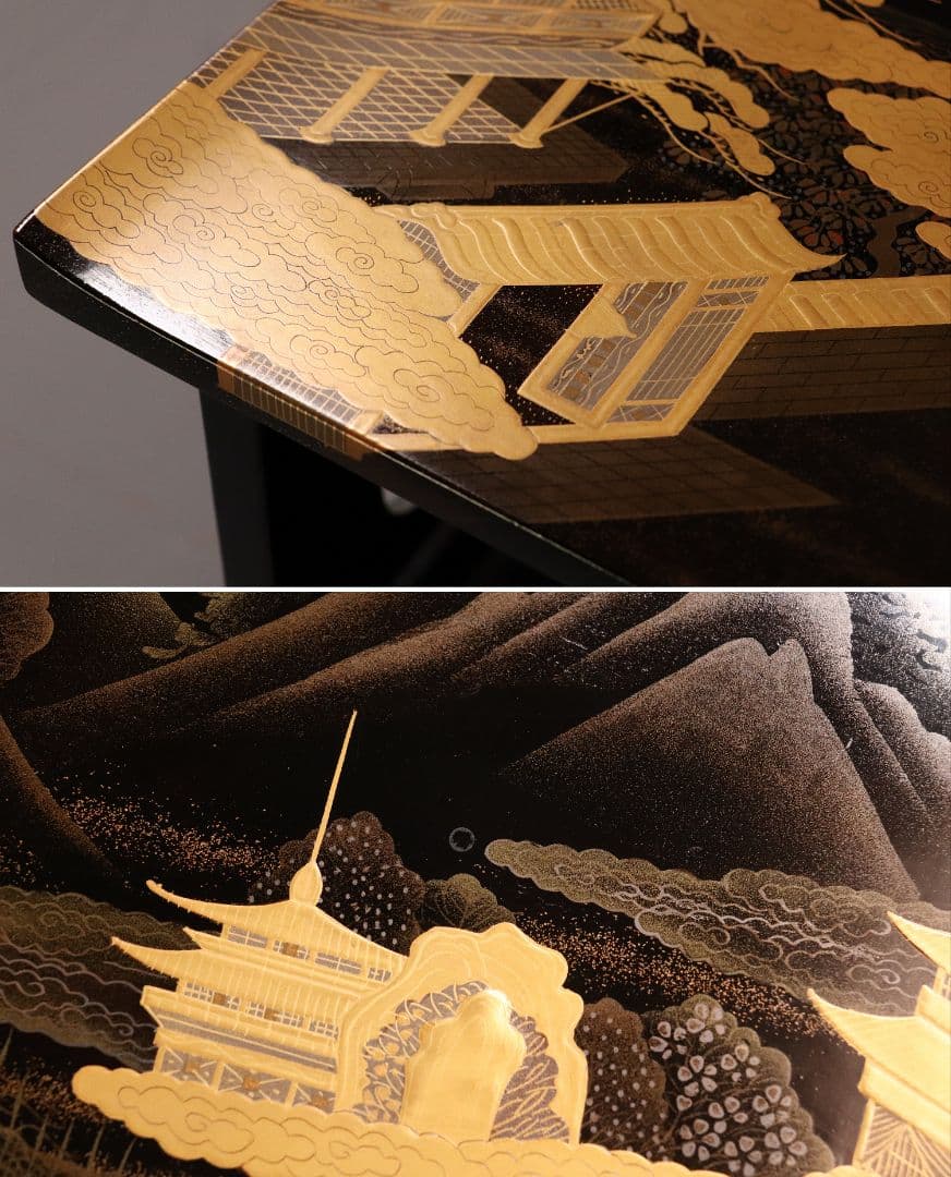 輪島塗 蒔絵師 久世宗春 山水金蒔絵 冠卓 二段卓 花台 黒塗【MA189】