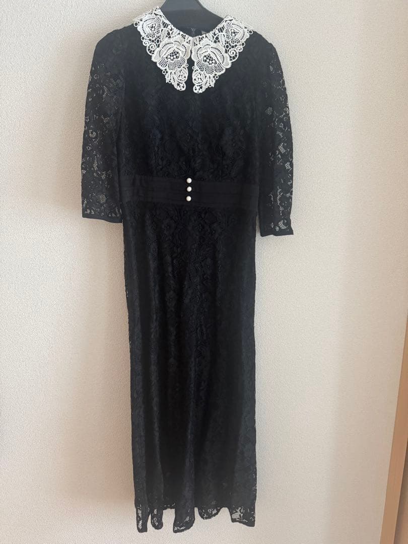 Leja レースビックカラー花柄刺繍ウエストマークロングフレアドレス