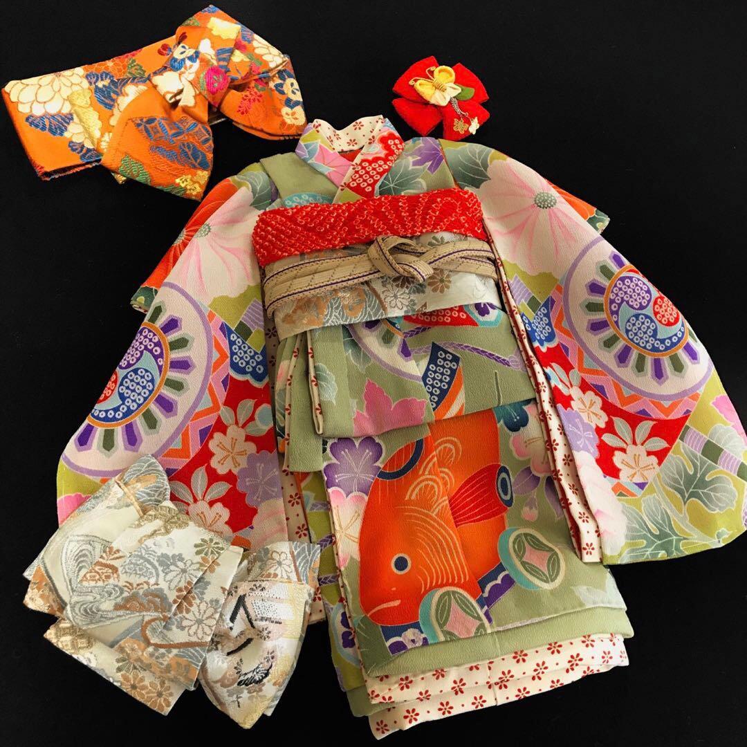 ＊ 市松人形 12号 鯛車 鼓 花 錦紗縮緬 アンティーク 着物 帯 ＊