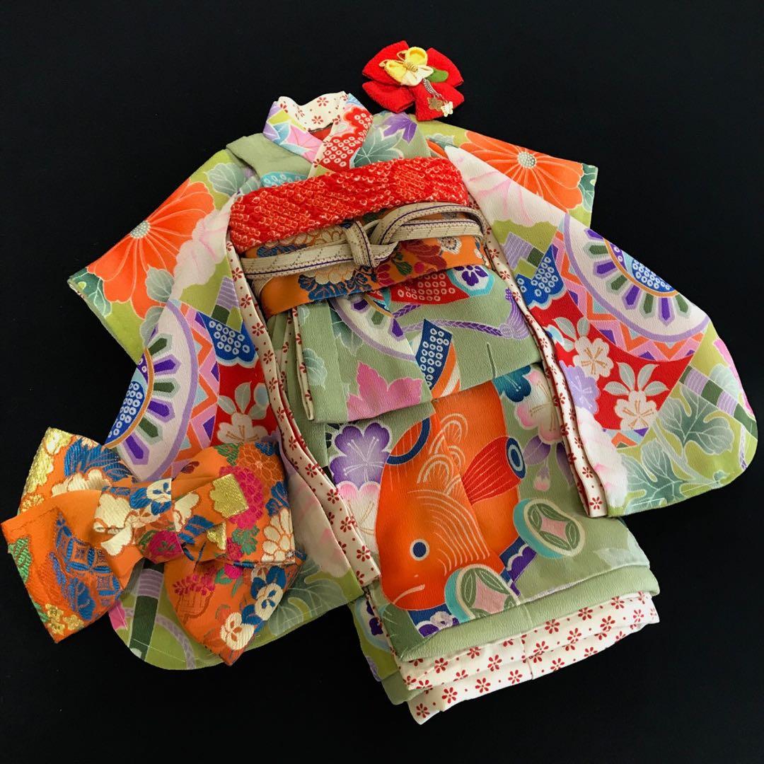 ＊ 市松人形 12号 鯛車 鼓 花 錦紗縮緬 アンティーク 着物 帯 ＊