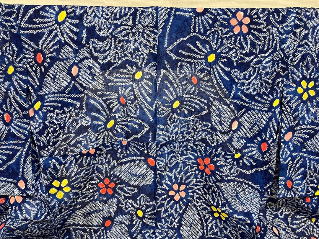 G 美品 有松鳴海絞り 蝶模様 青 綿 浴衣 着物