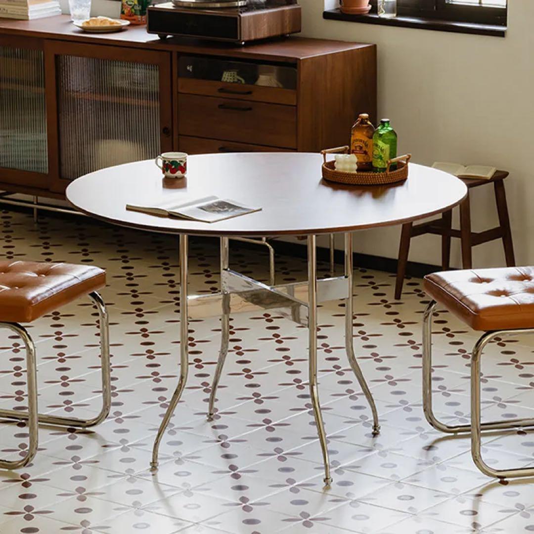 CAGUUU｜ツゲ材 ステンレス脚木製ラウンドテーブル｜ミッドセンチュリー