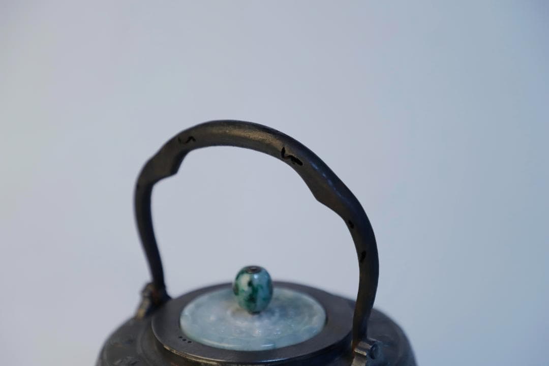 純銀製 青銅器紋 玉摘蓋 湯沸 銀瓶 煎茶道具