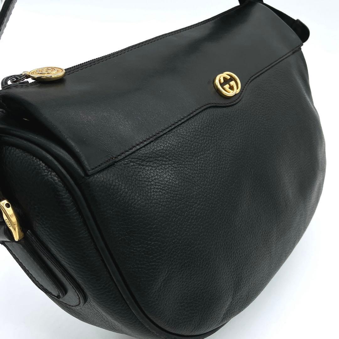 【GUCCI】ショルダーバッグ　インターロッキング　レザー　ブラック